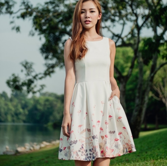 Thread Theory watercolor flamingo floral fit and flare dress - Picture 2 of 7
